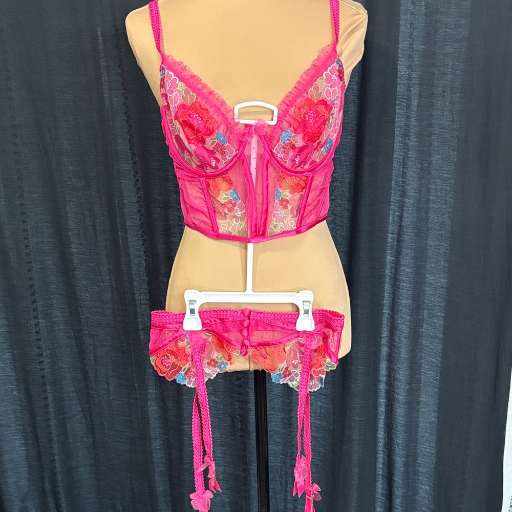 For Love And Lemons Pink Floral Lace Bra Set